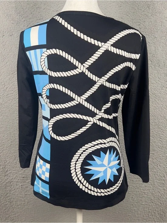 J Mclaughlin Top Womens Small Black Rope Geometric Catalina Cloth 3/4 Sleeve - Picture 3 of 9